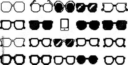 Pixel glasses, sunglasses icon set. Vector EPS
