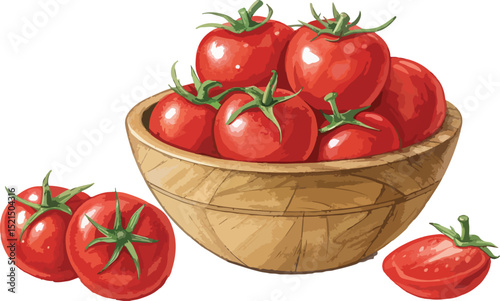 Tomato in Wooden Bowl A Fresh and Vibrant Vector Illustration