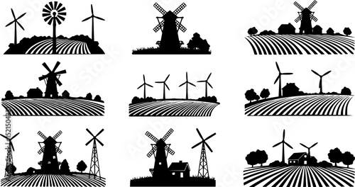 Windmill silhouette standing tall with its blades rotating, set against simple farm landscape. Clipart image isolated on white background

