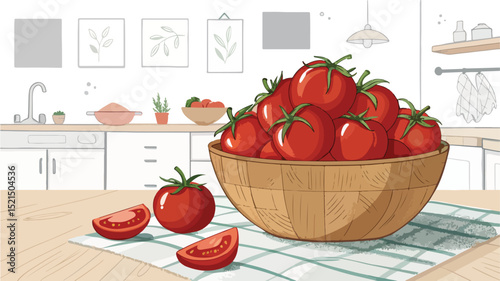 Tomato Still Life Wooden Bowl Kitchen Table Vector Design