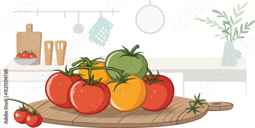 Red Tomato on Kitchen Tabletop Vector Illustration single