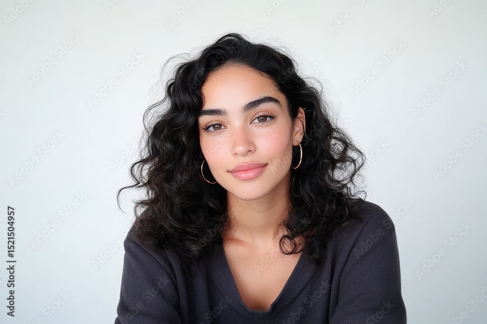 Fototapeta premium Portrait, Beautiful Young Woman, Curly Hair, Natural Beauty, Studio Shot, White Background