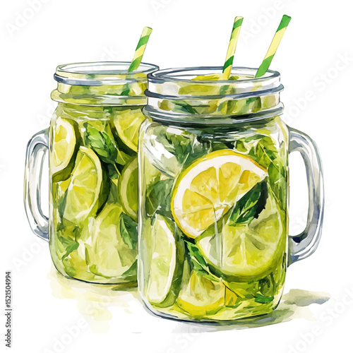 Fresh Lemonade Jars Picnic, watercolor vector, high quality, isolated on a white background.
