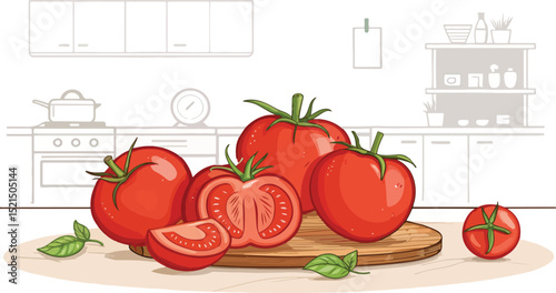 Red Tomato on table in Kitchen Vector Illustration detailed