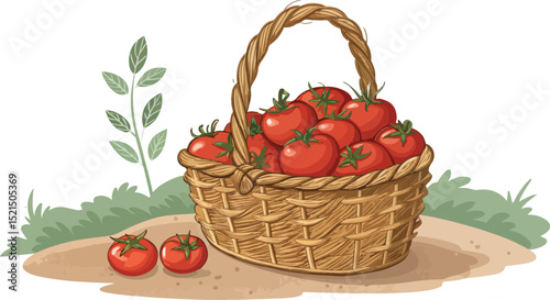 Tomato in Wicker Basket Vector Design Natural Background Illustration