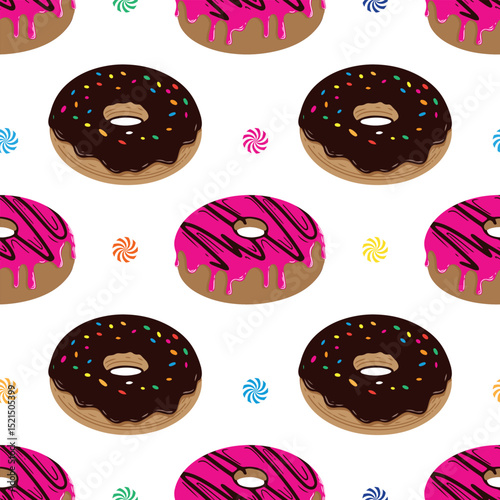 Seamless pattern of colorful donuts illustration featuring chocolate and pink frosted donuts with sprinkles on a white background, creating a fun and playful design for various applications
