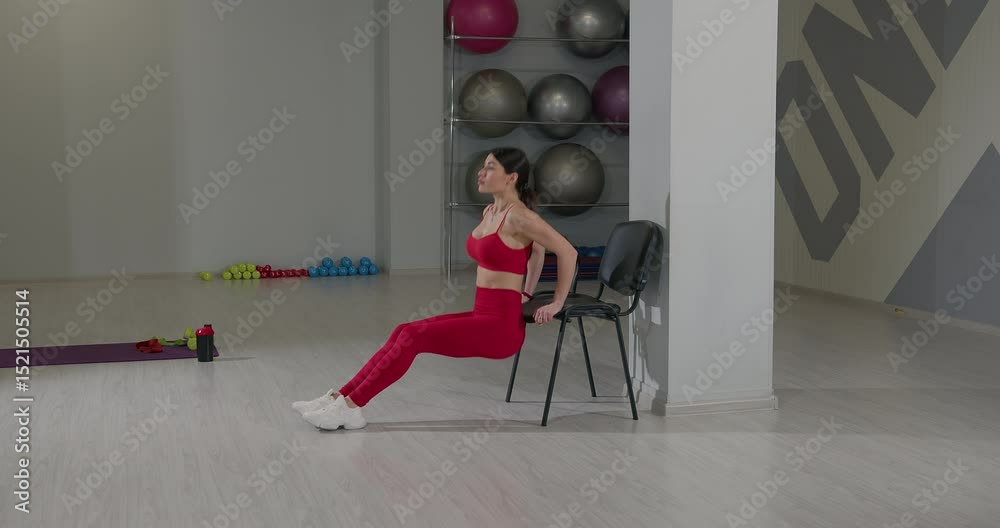 person demonstrates reverse chair pushups targeting the triceps in a fitness studio. The individual wears red workout attire and uses a chair for support while performing the exercise.