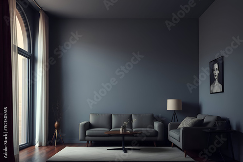 Retro style in beautiful living room interior with grey empty wall