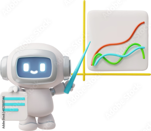 Chatbot robot with pointer stick shows diagram, business infographic presentation, 3D vector Artificial intelligence