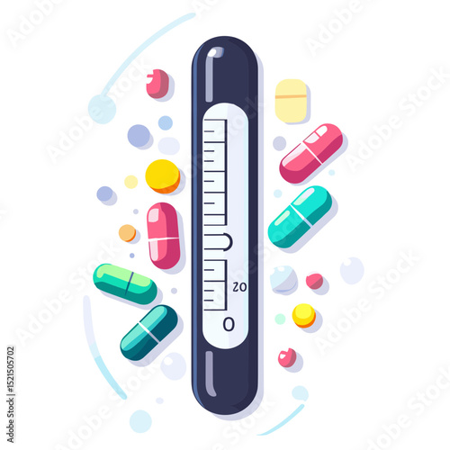 Medical Thermometer with Colorful Pills and Capsules in Digital Illustration Depicting Healthcare and Medication