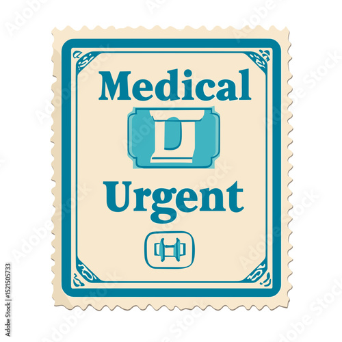 Medical Urgent Stamp in Beige and Blue Featuring Healthcare Symbol on White Background