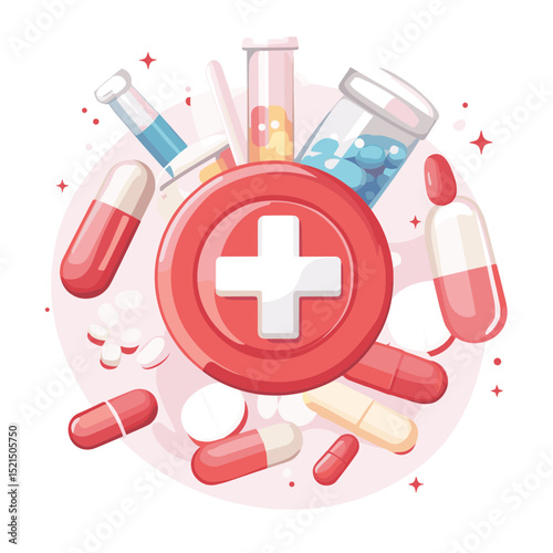 Medicine and Pills Composition with Red Cross Symbol in the Center Surrounded by Various Colorful Capsules and Medicine Bottles in a White Background