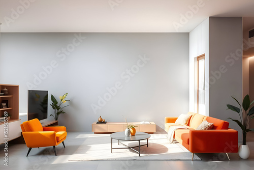 Retro style in beautiful living room interior with grey empty wall