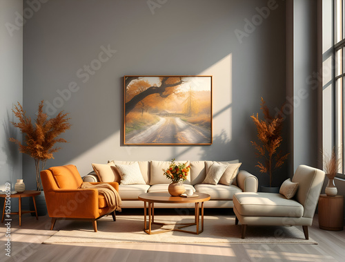 Retro style in beautiful living room interior with grey empty wall