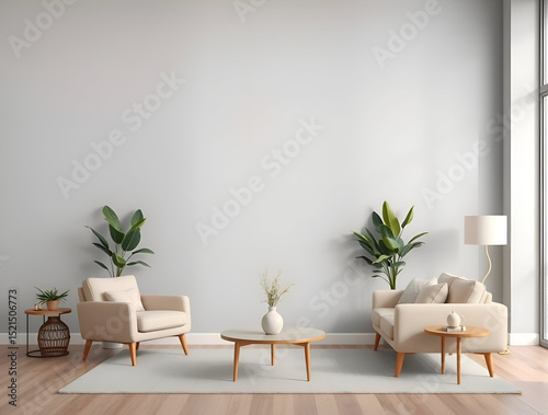 Retro style in beautiful living room interior with grey empty wall