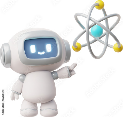 3d cute cartoon robot pointing at atom model, chatbot, technology and education.