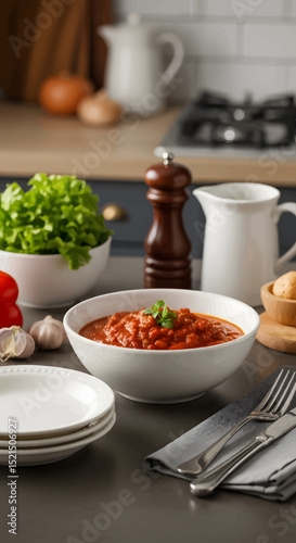 Aromatic Tomato Sauce in a White Bowl on a Dark Kitchen Counter
