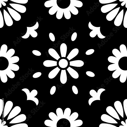 Black and White Mosaic Tile Isolated Vector Mediterranean Portuguese Azulejo Traditional Ceramic Spanish or Mexican Talavera Square Floral Ornament for Monochrome Logo Design