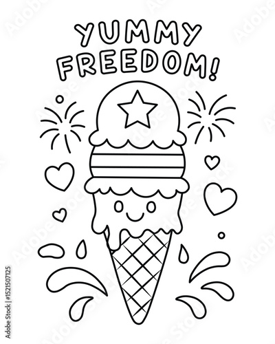 Yummy Freedom Coloring Page – Patriotic Ice Cream Cone and Fireworks 4th of July Activity for Kids