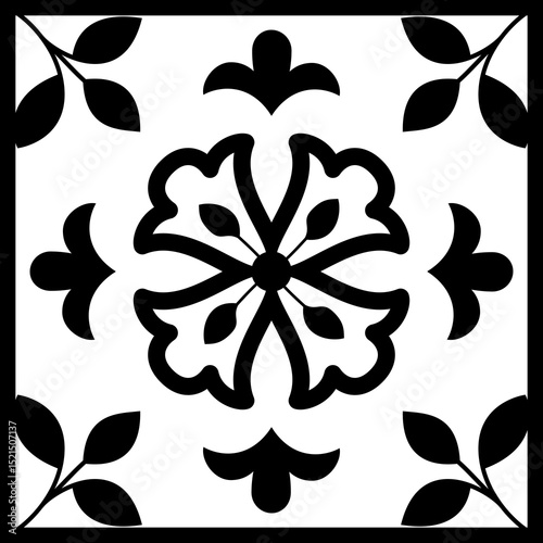 Black and White Mosaic Tile Isolated Vector Mediterranean Portuguese Azulejo Traditional Ceramic Spanish or Mexican Talavera Square Floral Ornament for Monochrome Logo Design