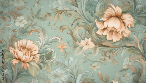Elegant Vintage Floral Wallpaper Set – Ornate Botanical Patterns in Soft Pastel Shades for Interior Design & Decorative Projects
