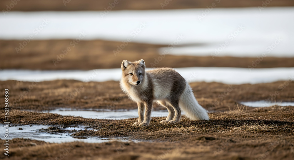 Fototapeta premium Arctic Fox Posing Gracefully on Tundra Landscape During Changing Season