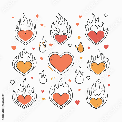 Vector minimal line illustrations set - trendy abstract aesthetic y2k hearts and flames, minimal tattoo compositions