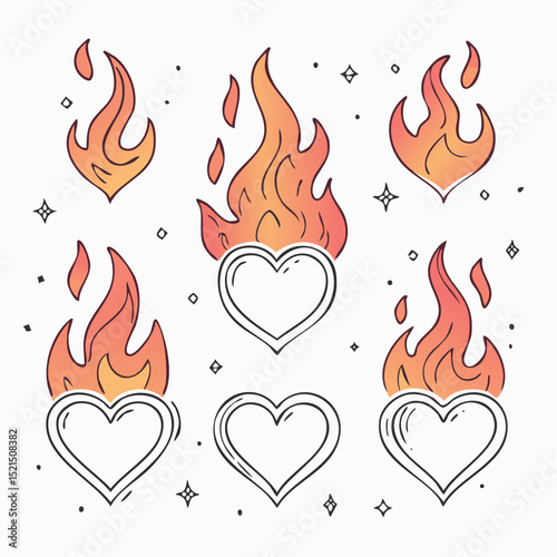 Vector minimal line illustrations set - trendy abstract aesthetic y2k hearts and flames, minimal tattoo compositions