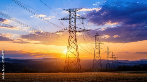 High-voltage power lines stretch across a rural landscape during a vibrant sunset with dramatic clouds.