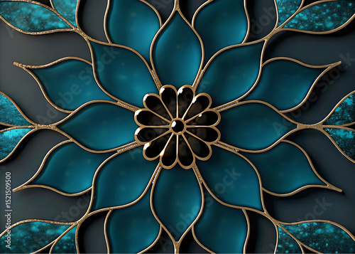 Golden Lotus Bloom | Luxury Abstract Floral Art with Turquoise & Gold Accents.Elegant Teal & Gold Lotus Flower Wall Art