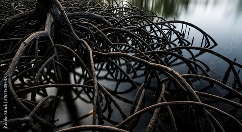 Intricate Mangrove Root System Emerges From The Calm Waters Edge