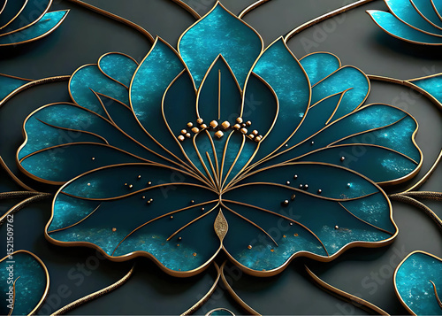 Golden Lotus Bloom | Luxury Abstract Floral Art with Turquoise & Gold Accents.Elegant Teal & Gold Lotus Flower Wall Art