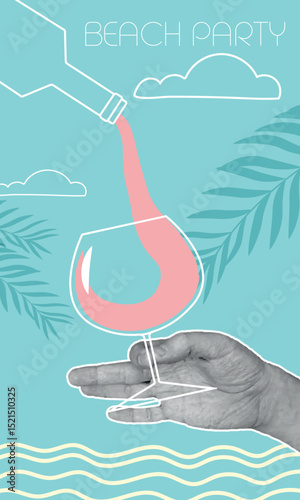 Hand with glass of wine, bottle, outline drawing, line art, beach party. Restaurant poster, bar menu, wine list, kitchen decor, white wine, cabernet, chardonnay