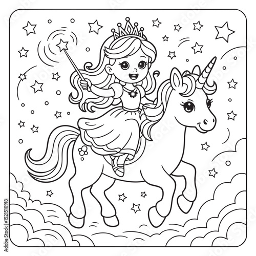 Princess riding unicorn magical stars coloring page