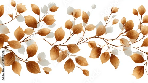 Elegant golden and white leaves on intertwined branches, creating a beautiful botanical pattern on a white background.