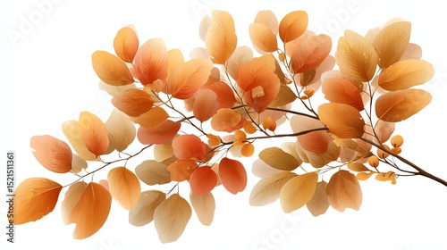 A delicate branch with orange and golden autumn leaves, artistically arranged against a white background.