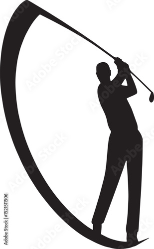 Minimalist vector of a golfer mid-swing inside a sharp crescent arc. Perfect for golf clubs, sports brands, or apparel design needing a sleek, athletic visual identity.