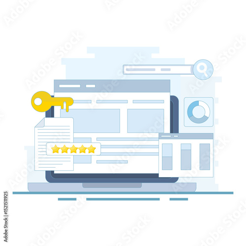 Keyword analysis concept, keyword research tools. Keyword competition analysis. Most searched keywords. SEO keywords dominate search engine results pages. Flat design in the background.