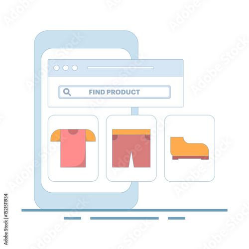 Find product concept. Search feature to find and compare products online. Search in web stores or online shopping. Price quotes, seller information. Flat design illustration.