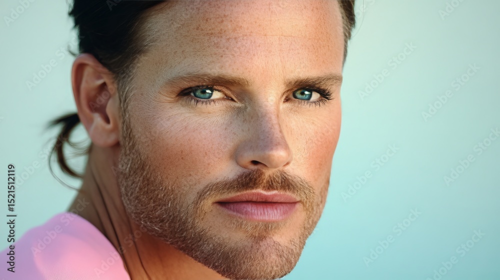 Fototapeta premium Close Up Portrait of a Handsome Man. Strong Features with Freckles, Calm and Relaxed.