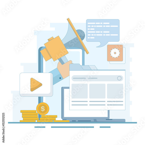 Video Marketing. marketing strategy, business, news, promotion, promo, courses, support. Video content marketing, video marketing strategy. digital marketing tools. flat design illustration.