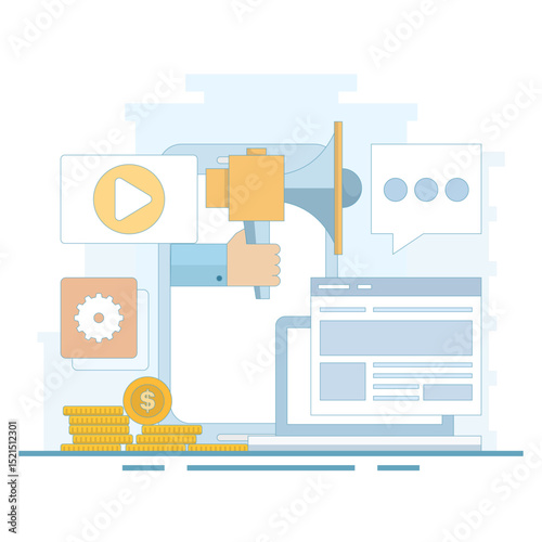 Video Marketing. marketing strategy, business, news, promotion, promo, courses, support. Video content marketing, video marketing strategy. digital marketing tools. flat design illustration.