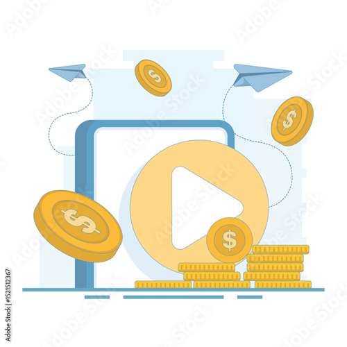 Social Media Concept with Live Streaming Video. Live streaming video through social media channels. New creative content idea for entertainment content. Flat vector illustration on background.
