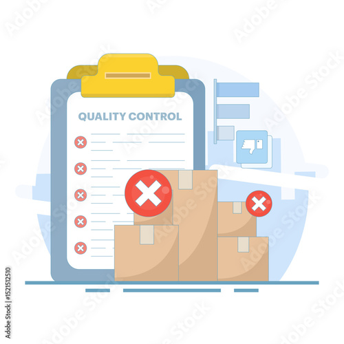 Quality control concept that directs product rejection during inspection. Rejecting product that does not meet quality standards. Product rejection or problem. Design illustration.