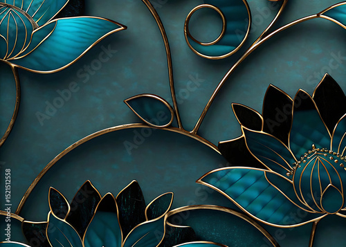 Golden Lotus Bloom | Luxury Abstract Floral Art with Turquoise & Gold Accents.Elegant Teal & Gold Lotus Flower Wall Art