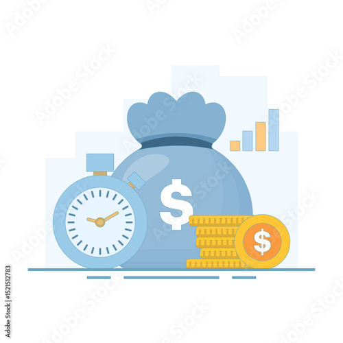 Savings and investment concept, prosperity, Investment Grows with Money Bag. long term investment. Wealth Grows with Dollar Coins, Money Bag. flat design illustration in background.