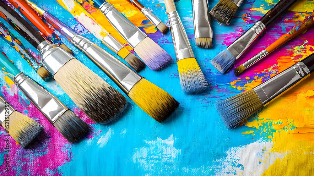 Fototapeta premium Assortment Of Colorful Paintbrushes On Abstract Painting Background