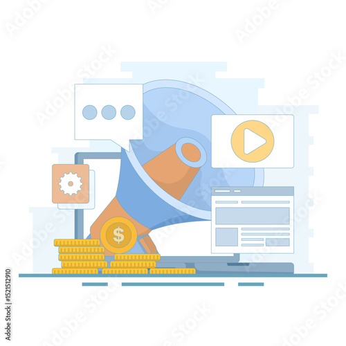 Video Marketing. marketing strategy, business, news, promotion, promo, courses, support. Video content marketing, video marketing strategy. digital marketing tools. flat design illustration.