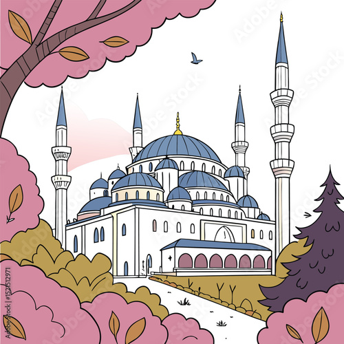 Dreamy Mosque Illustration – Blue Domes, Golden Details, and Serene Pastel Backdrop