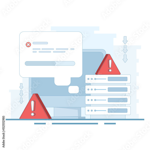 Server errors and failures. Poor Hosting Quality. Server Downtime. Traffic Flood, and DNS Issues. Service Disconnection. Server errors and failures. Flat illustration on background.